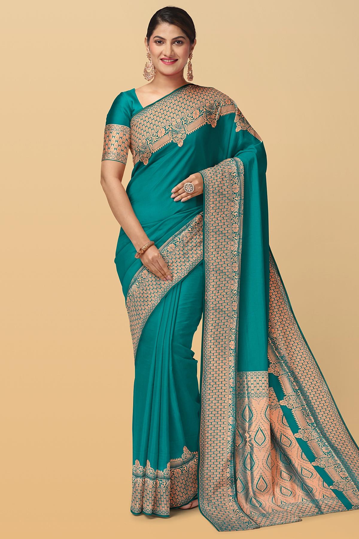 GREEN and GOLD PLAIN SILK BLEND Saree with SEMI PATTU