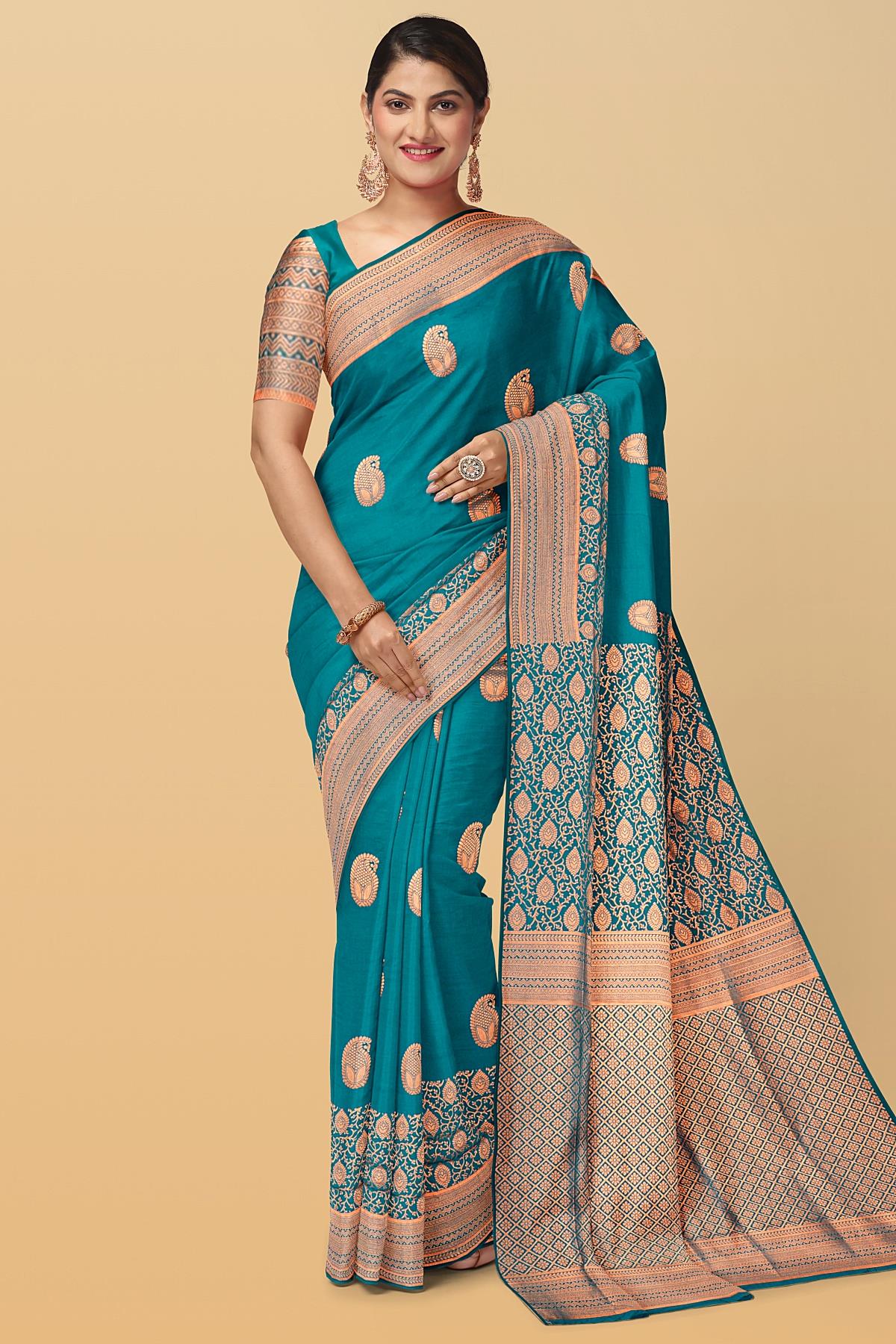 RAMA GREEN and GOLD BUTTIS SILK BLEND Saree with SEMI PATTU