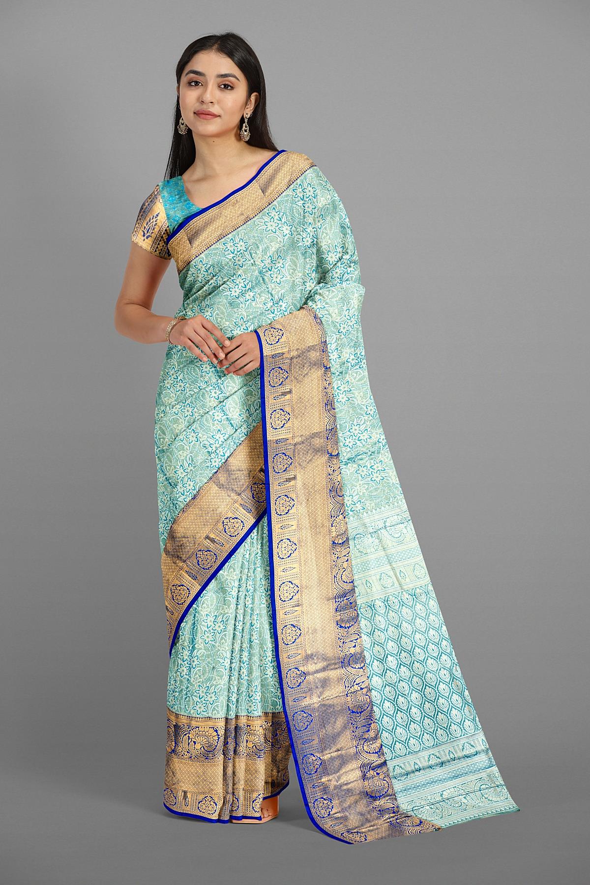 SEA BLUE and ROYAL BLUE FLORAL JAAL TISSUE SILK Saree with SEMI PATTU