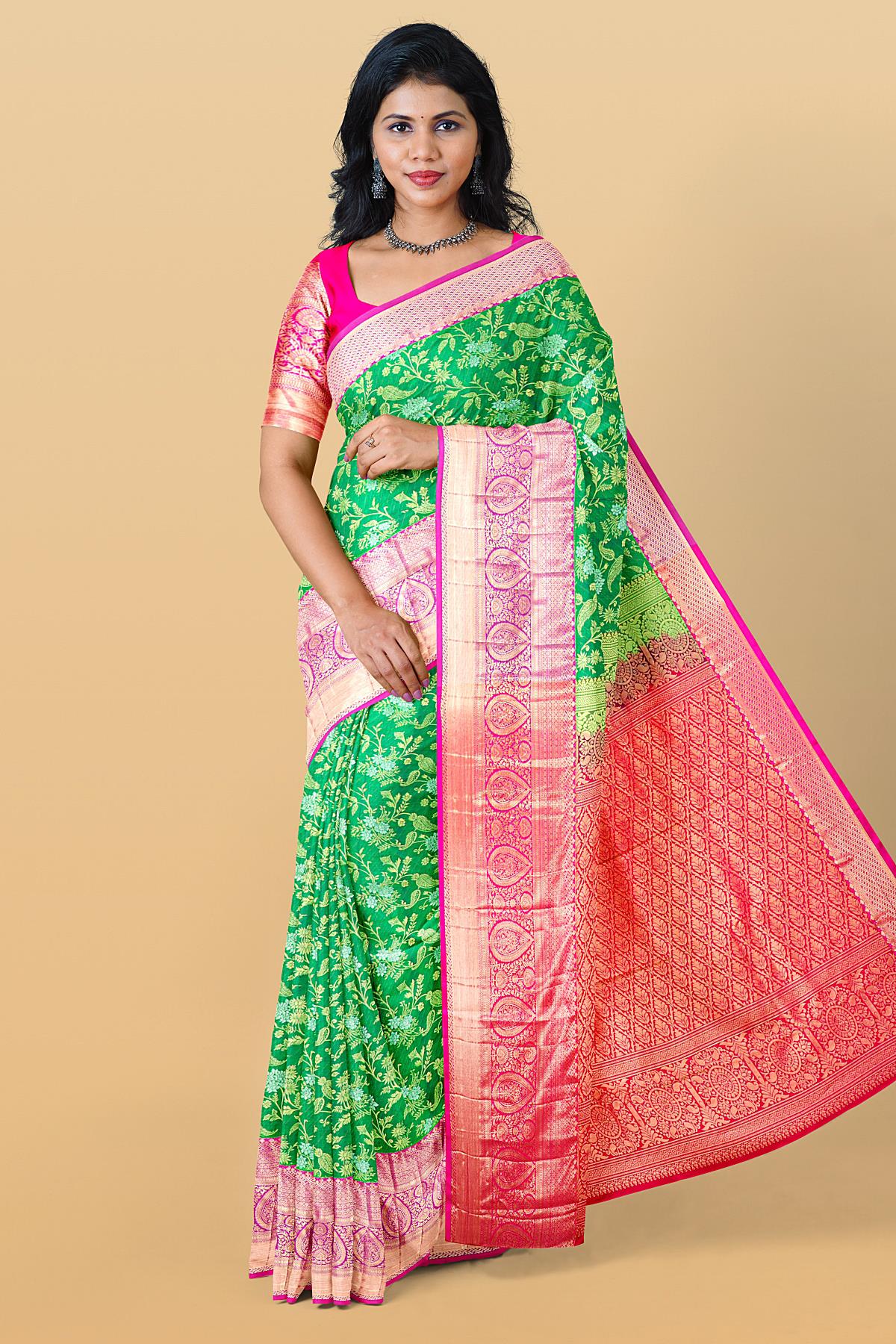 GREEN and PURPLE FLORAL JAAL SILK BLEND Saree with SEMI PATTU