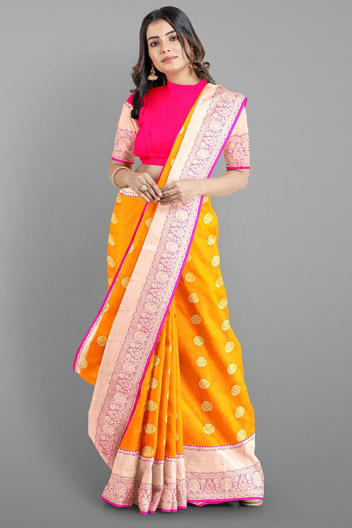 MUSTARD and PINK BUTTIS SILK BLEND Saree with SEMI PATTU