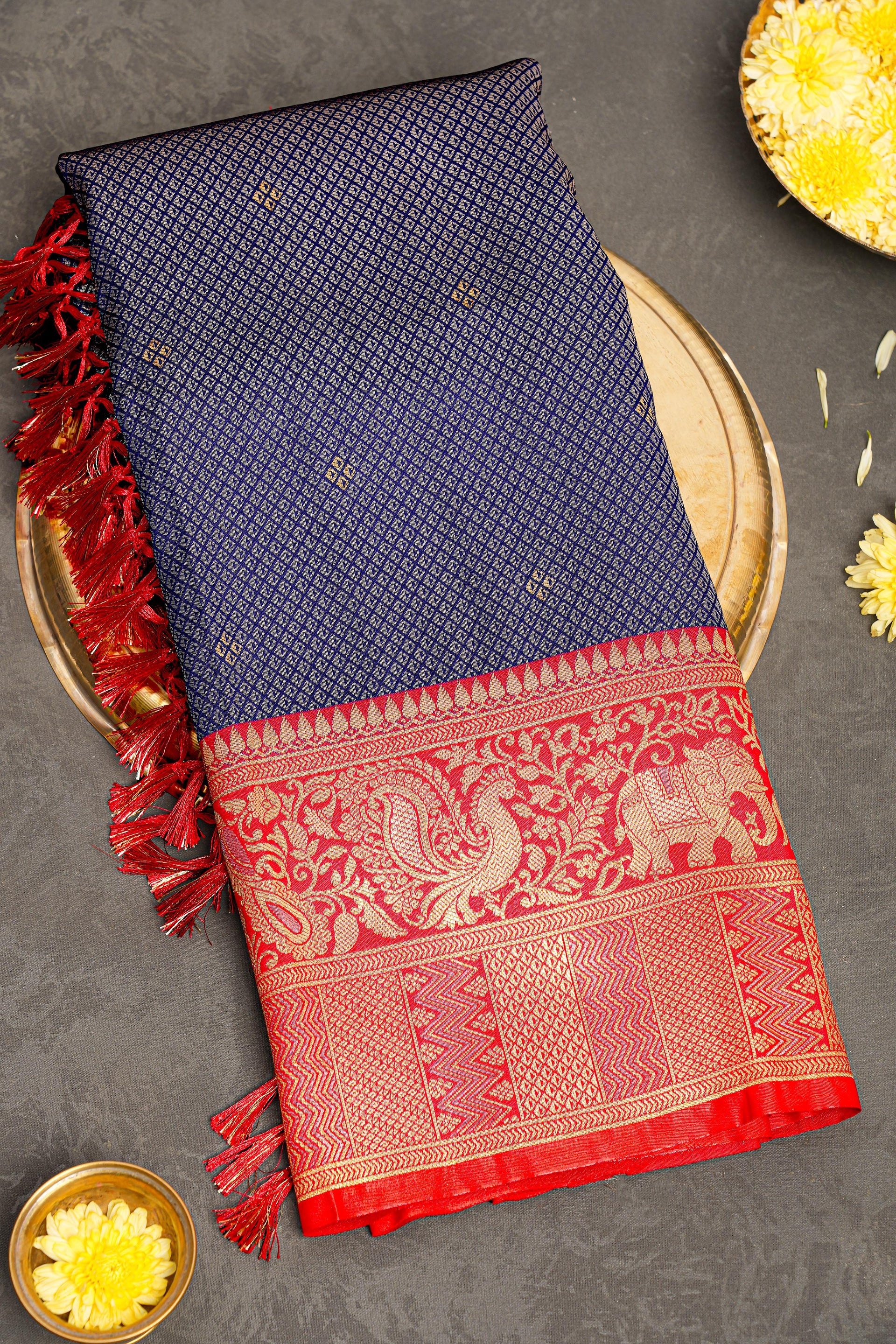 NAVY BLUE and DARK PINK BROCADE SILK Saree with BANARASI FANCY