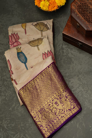 Kalamkari Print Silk Florals Baby Pink Saree