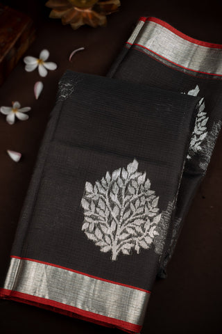 Zari Kota Cotton Leaf Motifs Black Saree