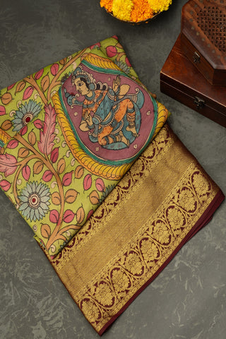 Kalamkari Printed Silk Floral Light Green Saree