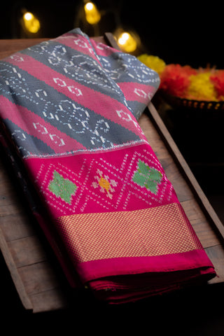 Ikat Silk Floral Jaal Grey Saree