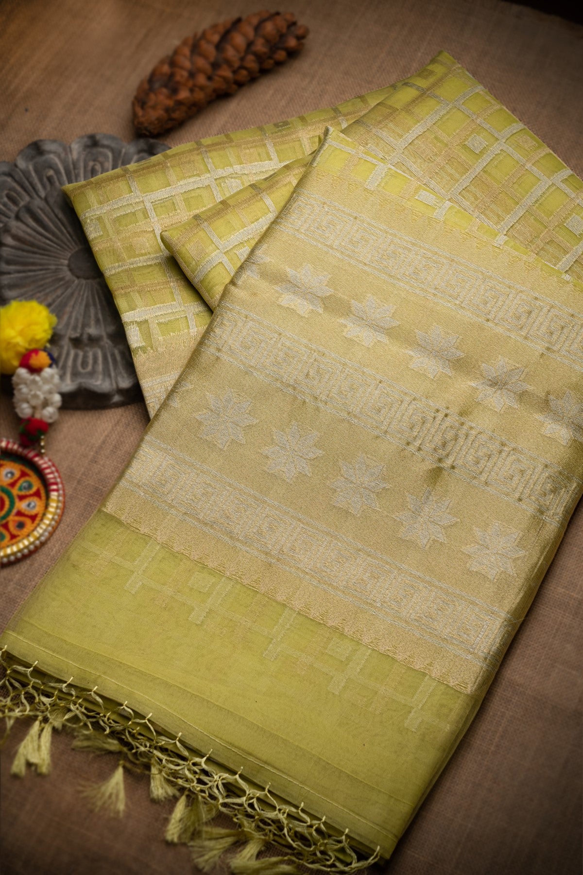 Banarasi Fancy Kora Checks And Buttis Lime Yellow Saree