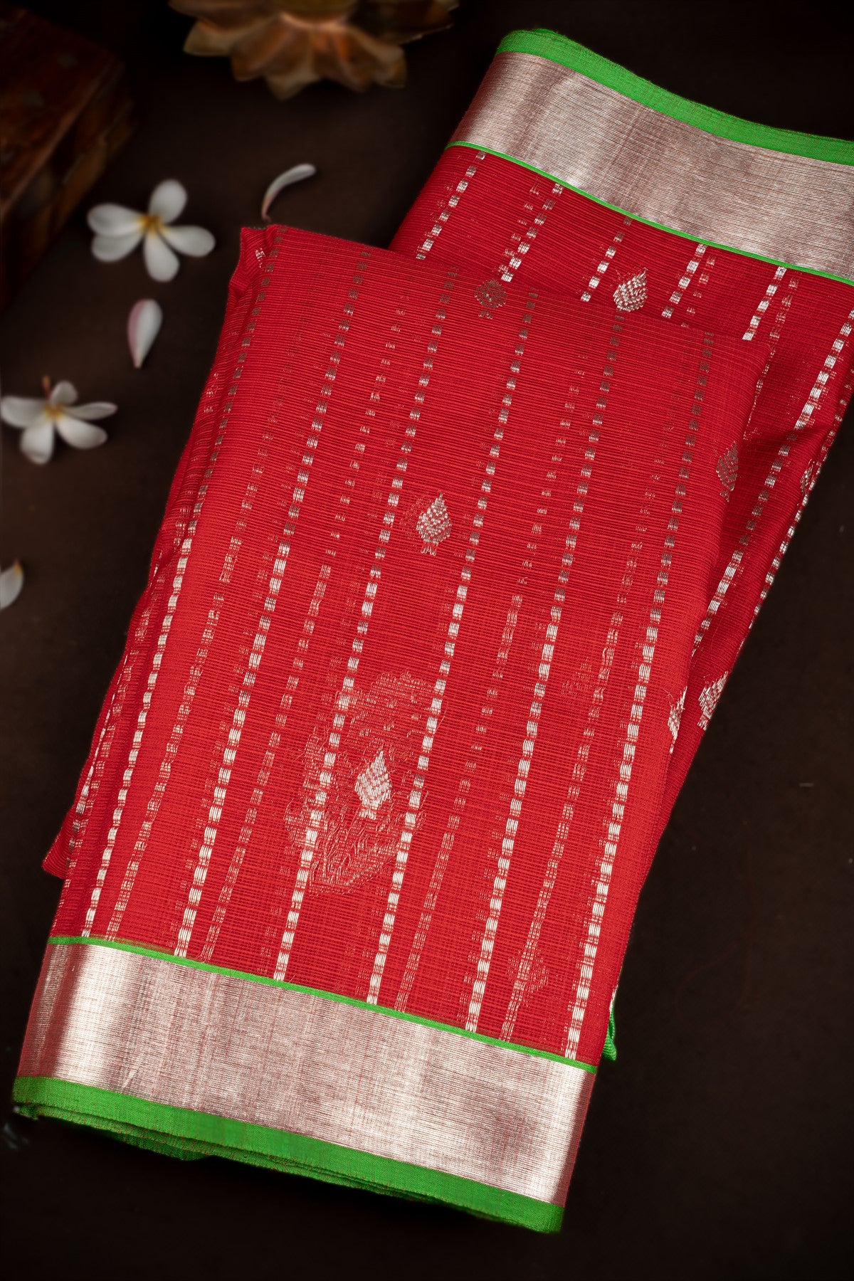 Zari Kota Cotton Stripes And Floral Buttis Red Saree