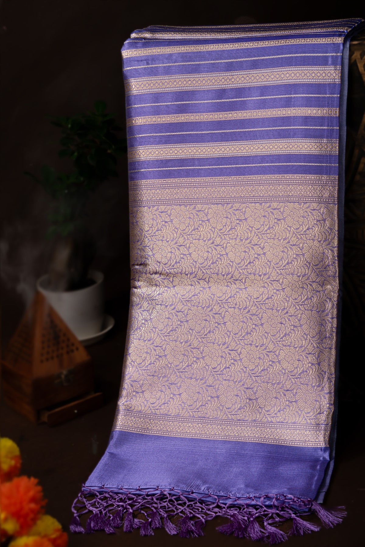 Designer Kora Blue Saree With Lines