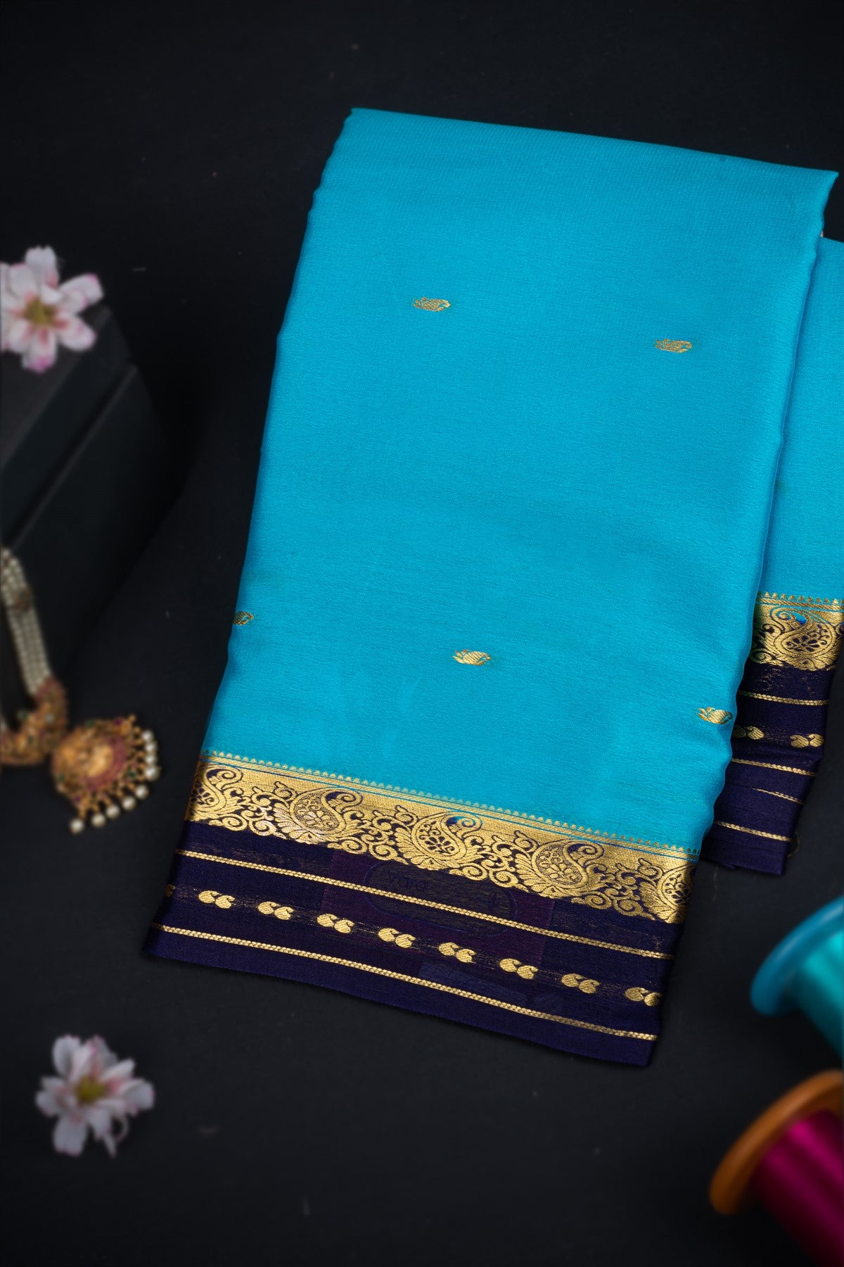 Mysore Crepe Buttis Sky Blue Saree