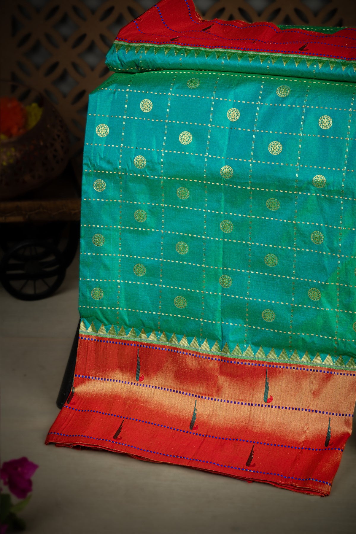 Paithani Silk Checks And Buttis Sea Green Saree