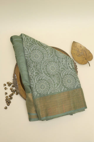 Designer Tussar Olive Green Saree