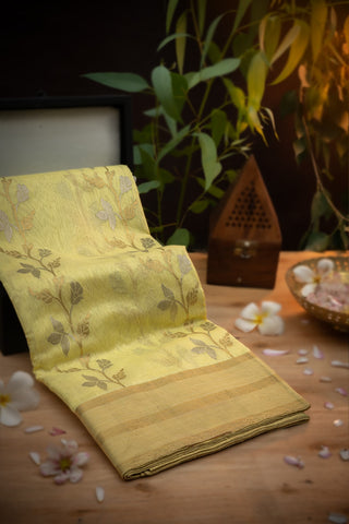 Chanderi Sico Jaal Lime Yellow Saree