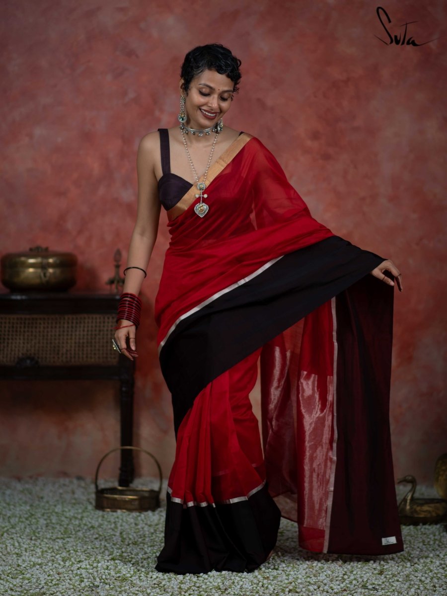 Buy Red-Black Ikkat Handloom Cotton Saree