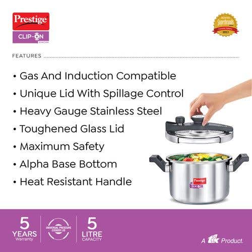 Prestige Svachh Flip-on Stainless Steel Gas and Induction Compatible  Pressure Cooker with Glass Lid, (Silver)