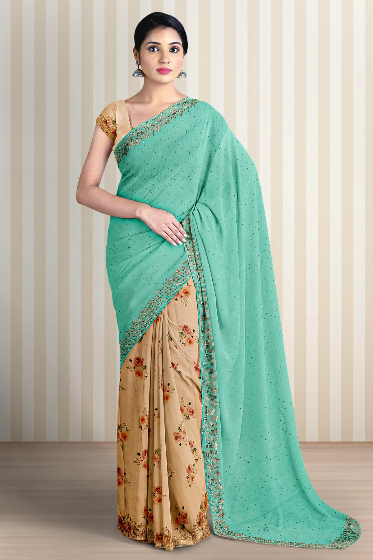 Red pure chiffon saree with all-over micro stone embroidery, self-border of  micro stone work