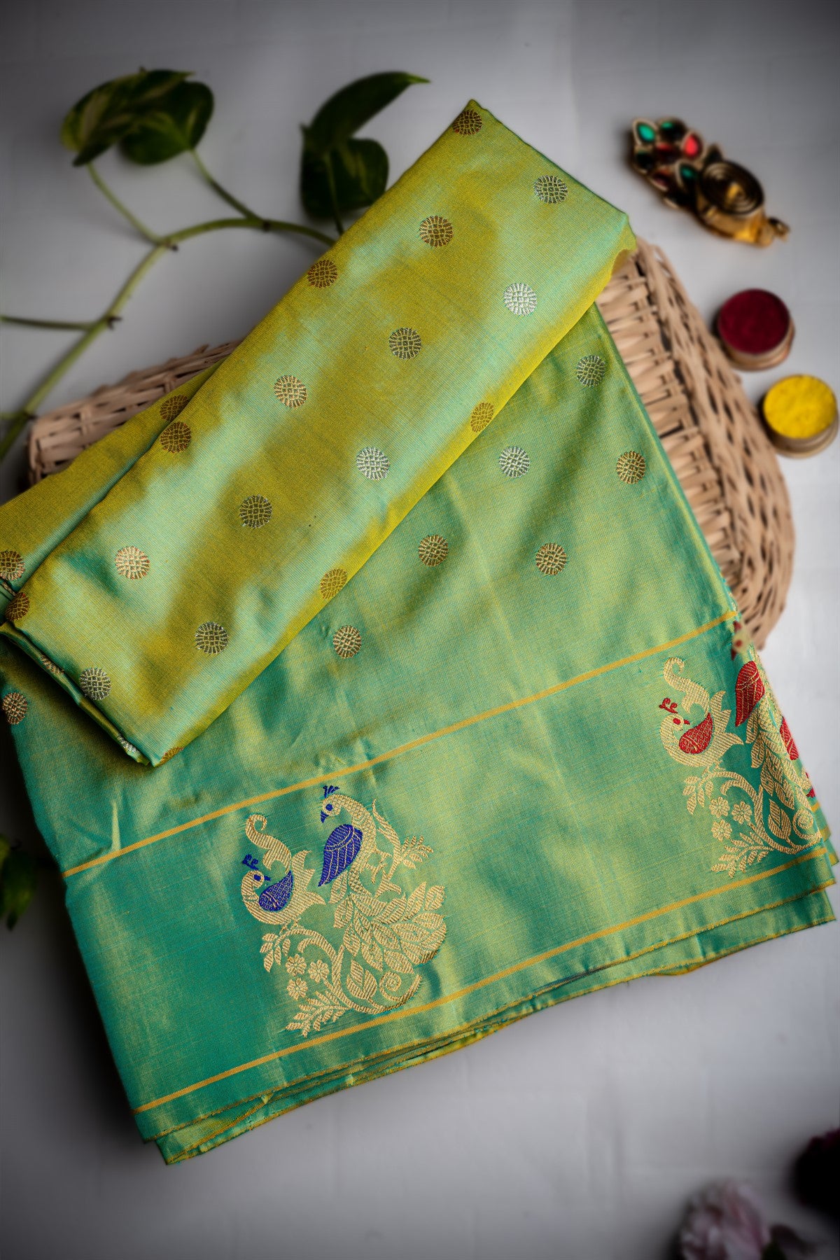 Varamahalakshmi Sea Green & Gold Gadwal Buttis Saree