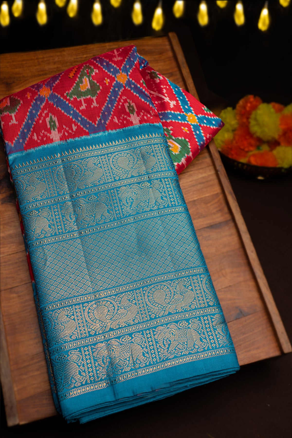 Mandir Red & Blue Kanchi Ikat Ikat Saree