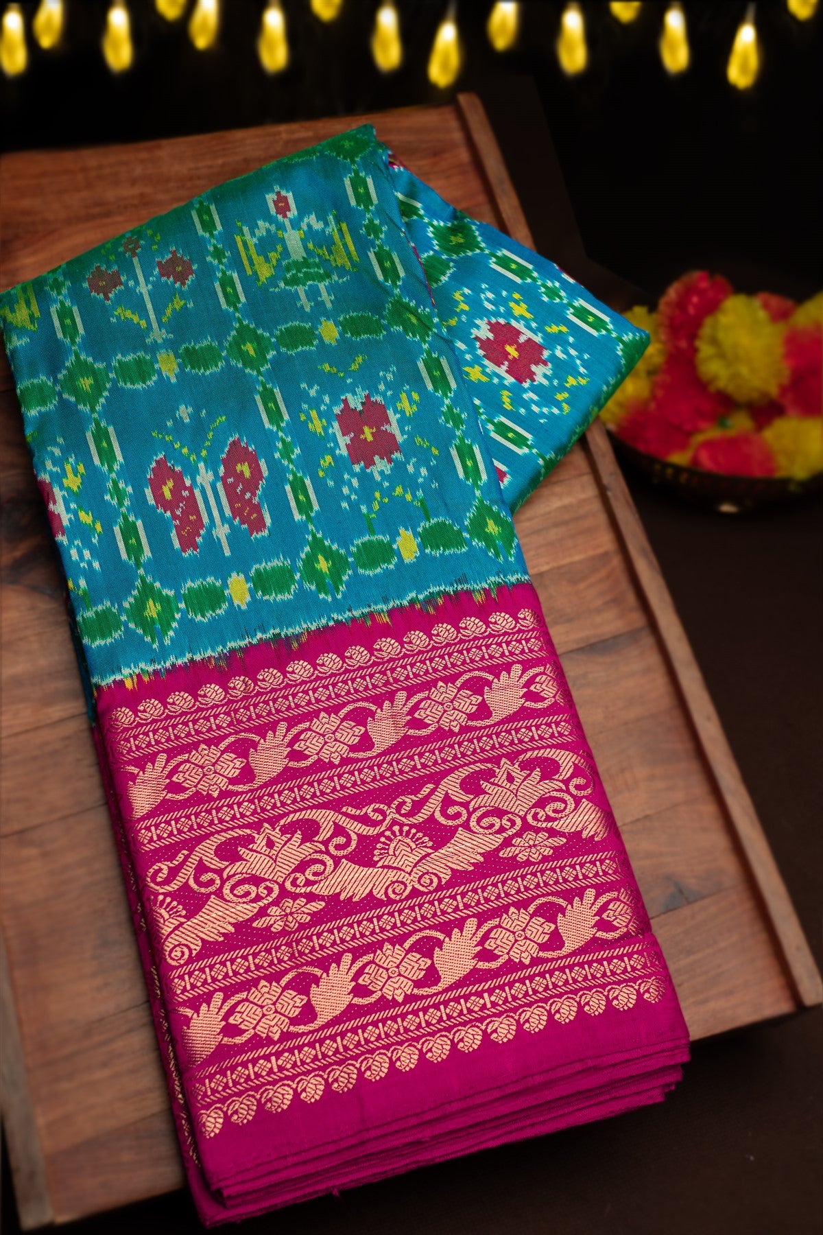 Mandir Teal & Magenta Kanchi Ikat Ikat Saree