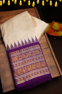 Mandir Cream & Violet Kanchi Ikat Plain Saree