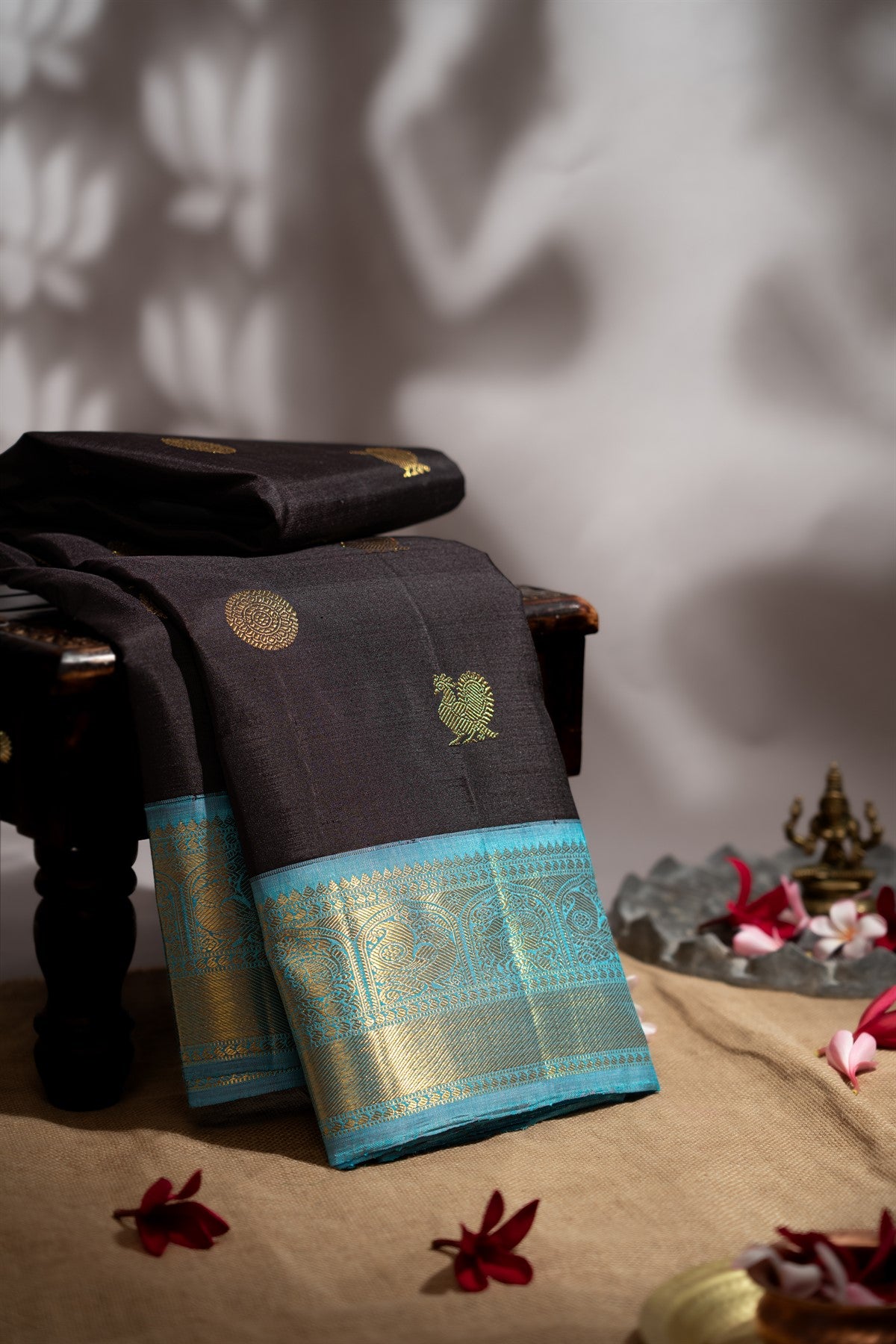 Varamahalakshmi Black & Sea Blue Kanchipuram Buttis Saree