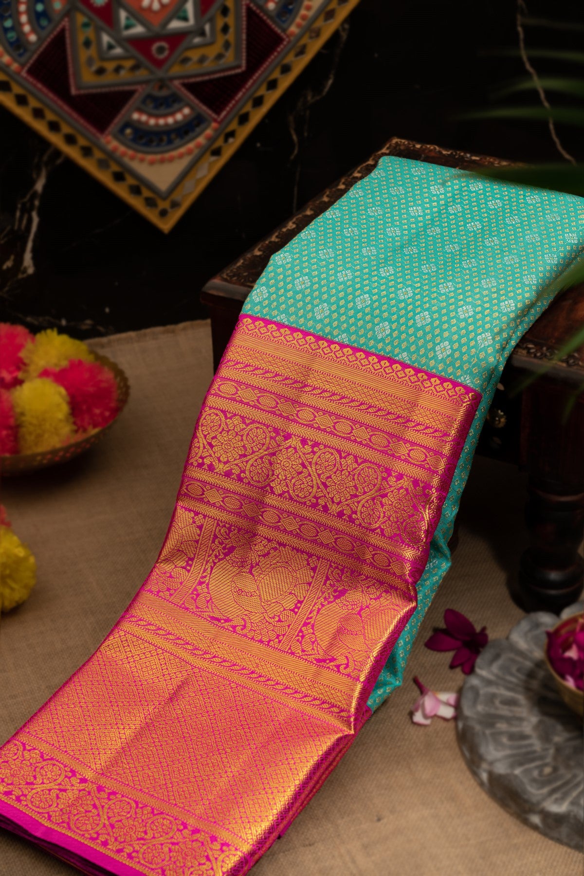 Varamahalakshmi Sea Green & Pink Kancheepuram Buttis Saree