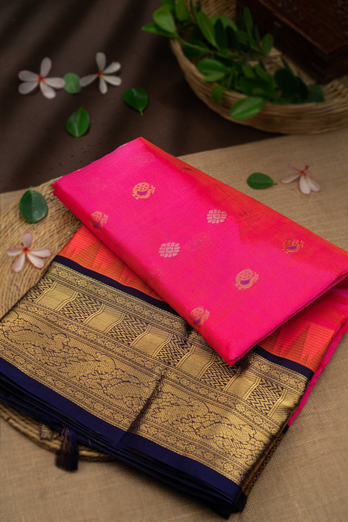 Mandir Pink & Navy Blue Kuppadam Buttis Saree