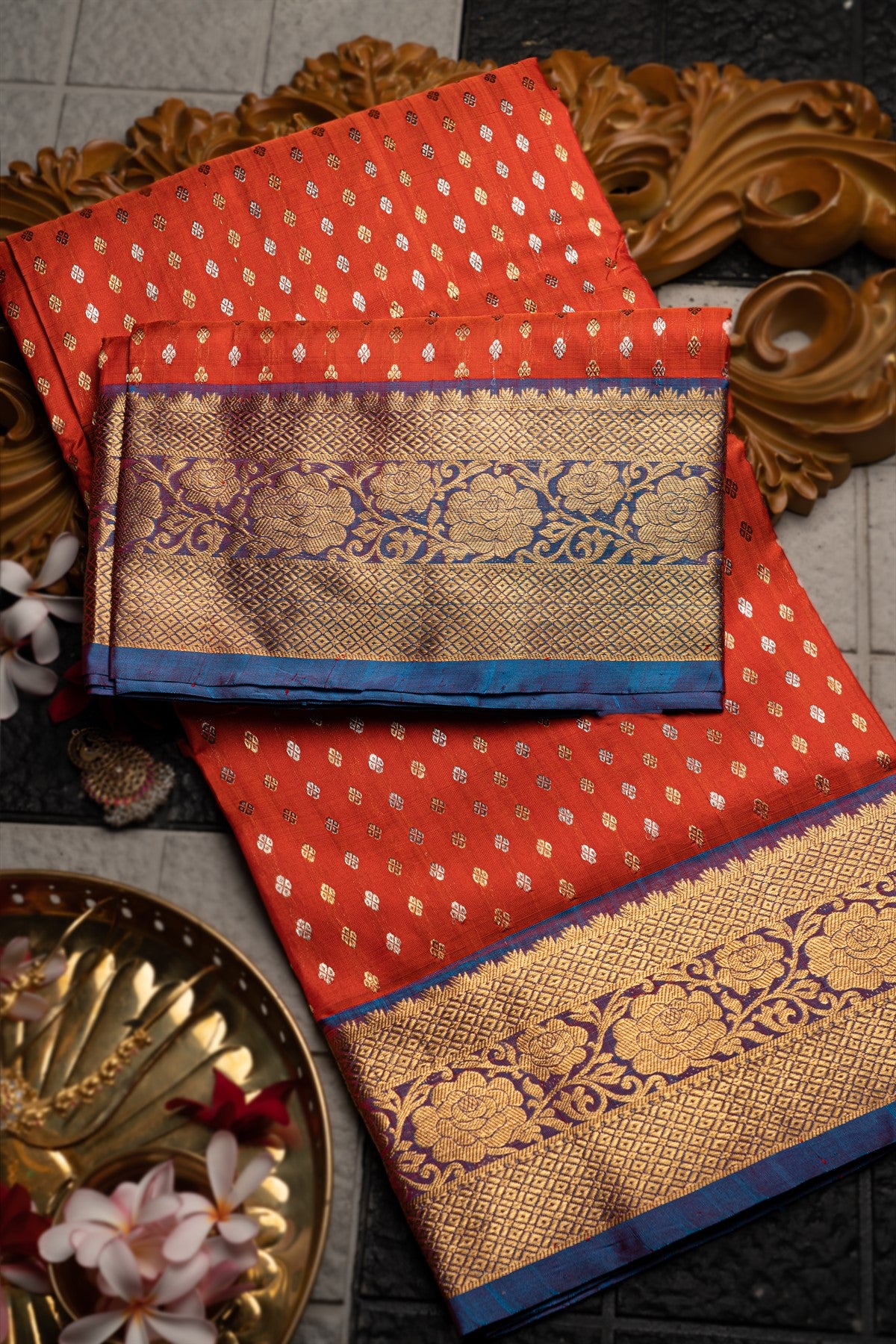 Varamahalakshmi Orange & Blue Venkatagiri Buttis Saree