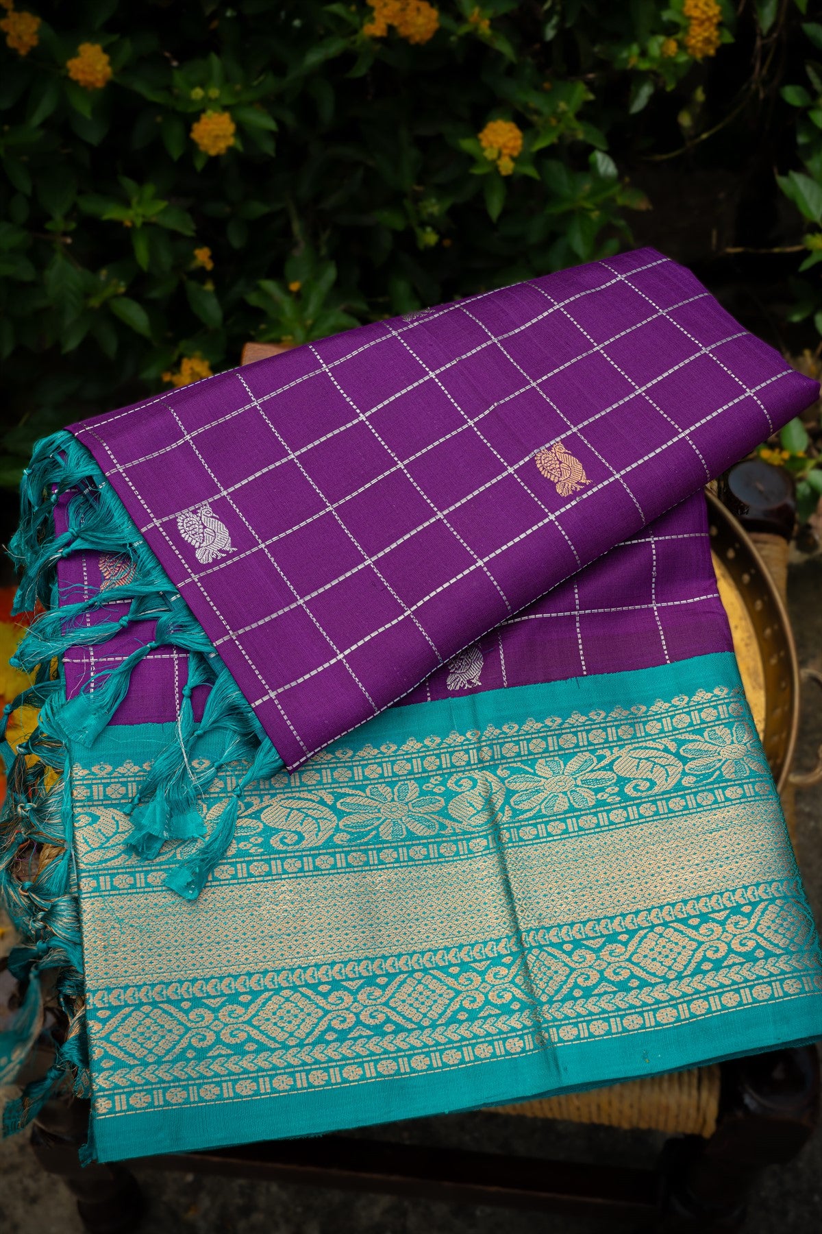 Varamahalakshmi Purple & Sea Green Kuppadam Checks And Buttis Saree