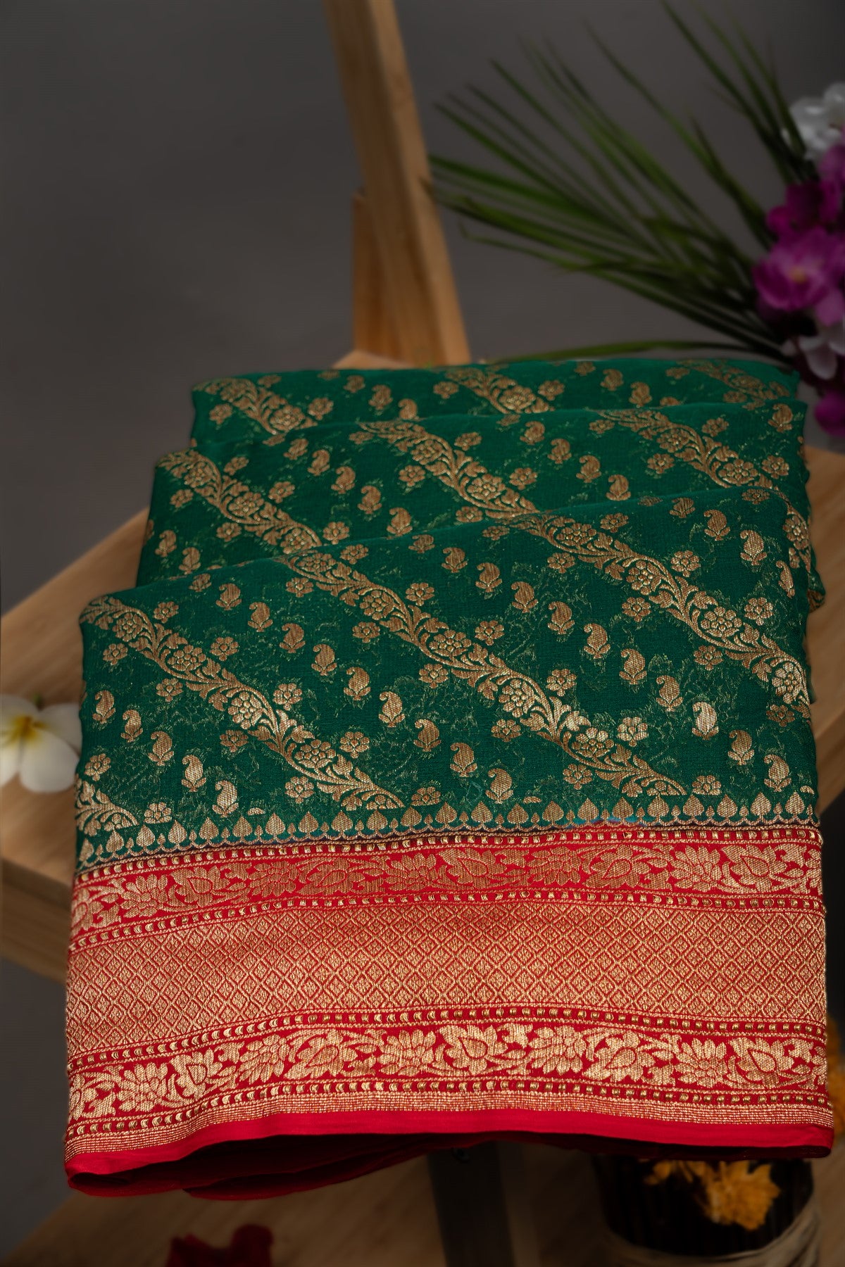 Mandir Green & Red Banarasi Jaal Saree