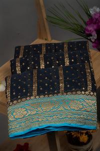 Mandir Black & Blue Banarasi Lines Saree