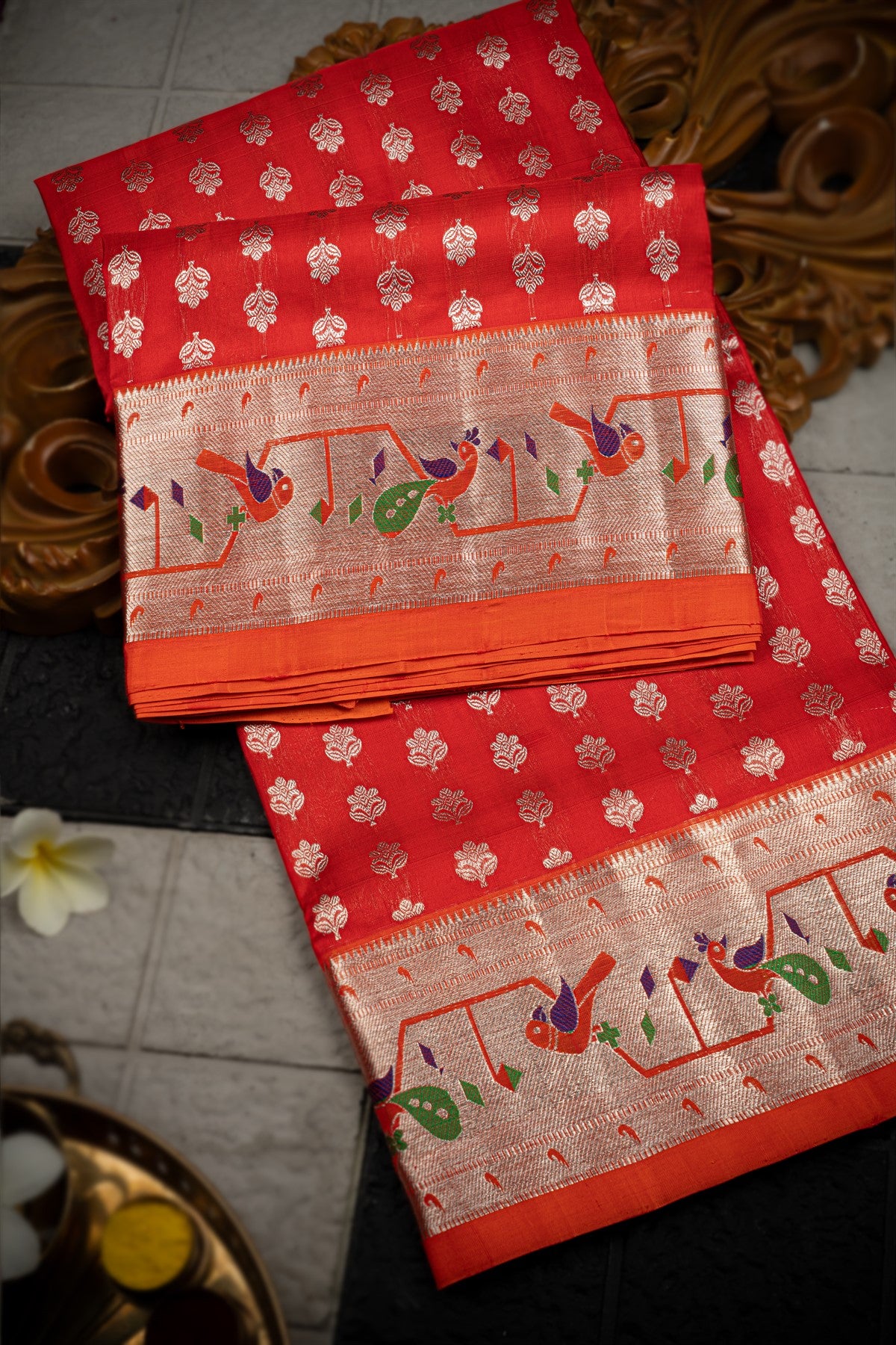 Varamahalakshmi Red & Orange Uppada Buttis Saree