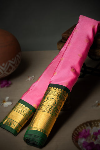 Varamahalakshmi Blush Pink & Bottle Green Gadwal Buttis Saree