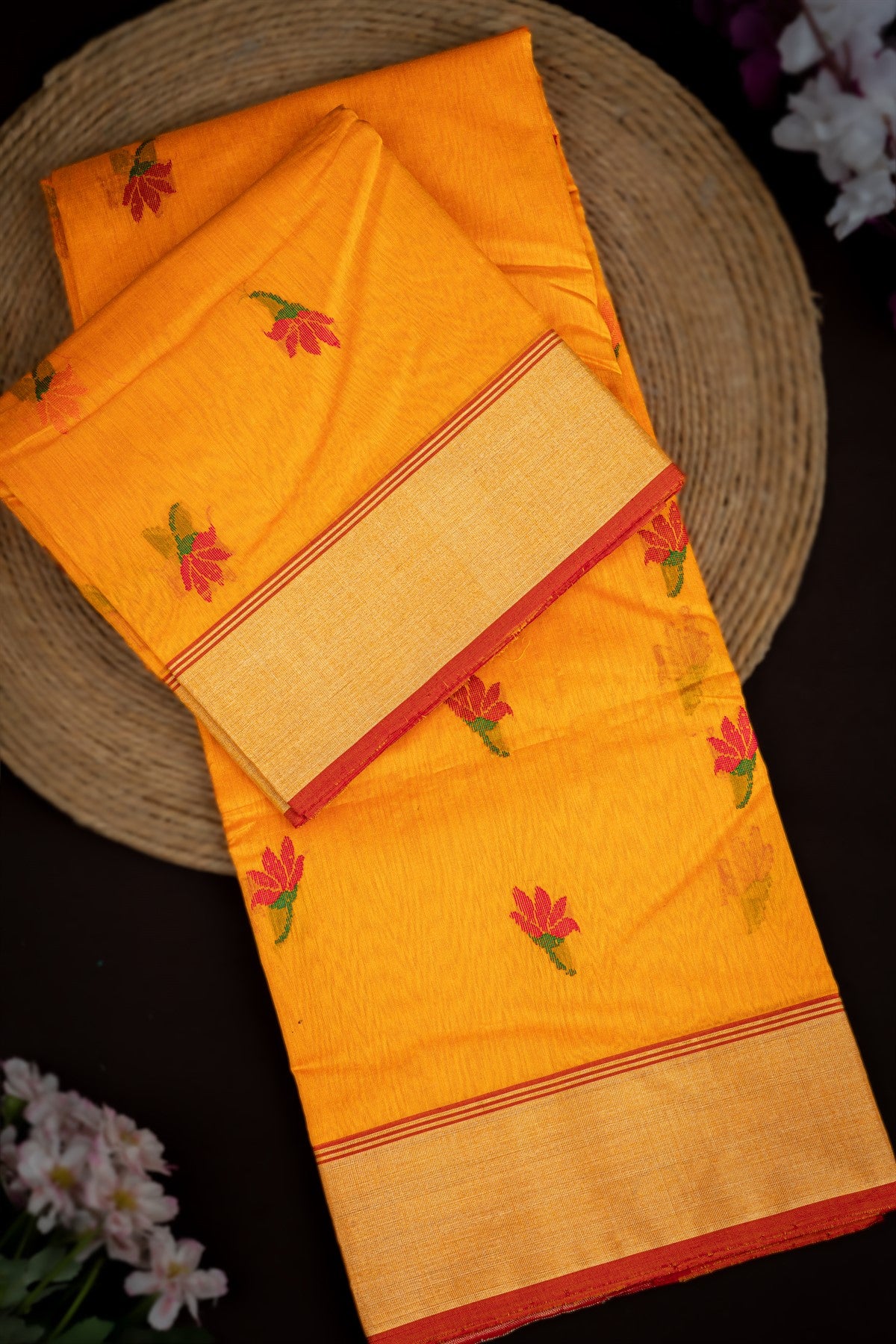 Mandir Tangy Orange & Red Chanderi Motifs Saree