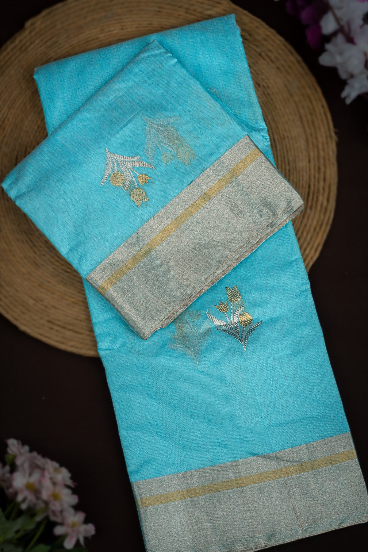 Mandir Sky Blue & Sky Blue Chanderi Motifs Saree