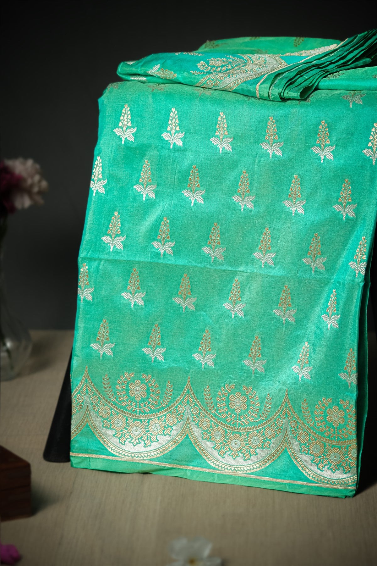 Mandir Sea Green & Gold Banarasi Motifs Saree