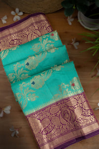 Mandir Sea Blue & Purple Fancy Floral Jaal Saree