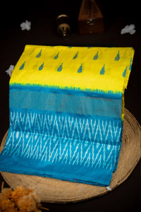 Mandir Lime Yellow & Teal Blue Ikat Ikat Saree