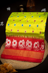 Mandir Lemon Yellow and Green & Red Ikat Ikat Saree