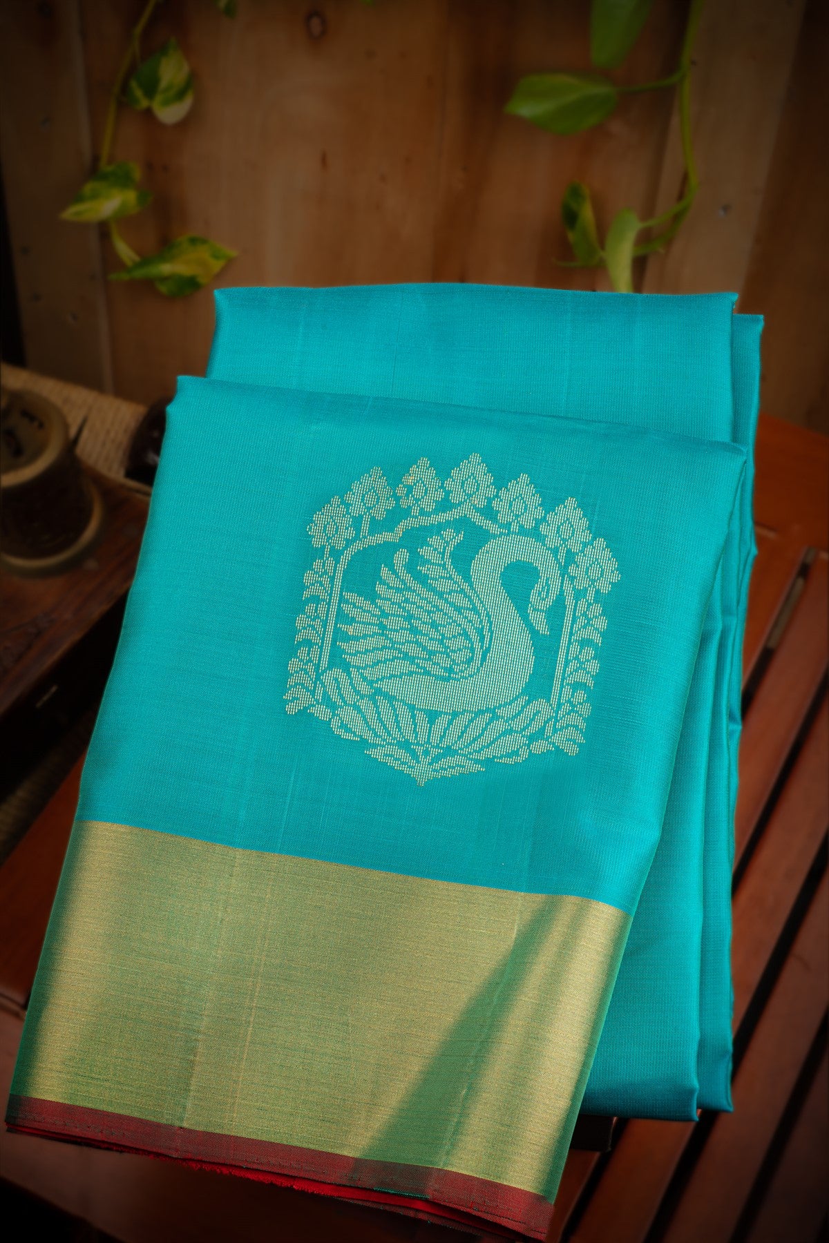 Mandir Aqua Blue & Red Coimbatore Motifs Saree