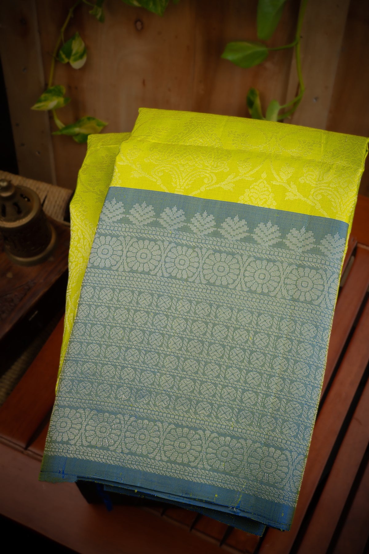 Mandir Lemon Yellow & Light Blue Coimbatore All Over Saree