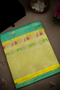 Mandir Sea Blue & Lemon Yellow Venkatagiri Buttis Saree